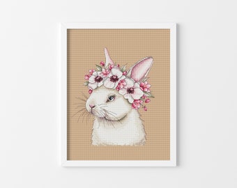 Nerdy Bunny - Cross Stitch Pattern, Flowers Cross Stitch, Wrearth Cross Stitch, Girl Room Xstitch Decor, Miyastitch