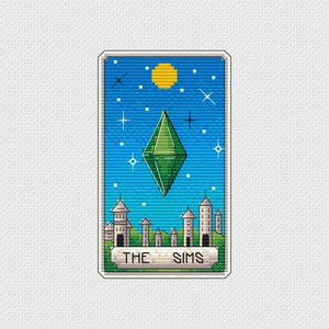 Sims tarot - kruissteekpatroon - tarotkaart kruissteek , grote arcana , groene ruit , kruissteek videogame , grappig , digitale pdf