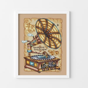 May include: A framed cross-stitch embroidery featuring a steampunk gramophone with a large golden horn, gears, and steam vents. The text Steampunk Gramofon is stitched in black. The design is set against a tan background with a small spider.