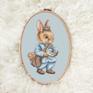 Postman Bunny Cross Stitch Pattern PDF - Cute Rabbit Mail Carrier, Spring / Easter Nursery Wall Art, Instant Download Embroidery Design