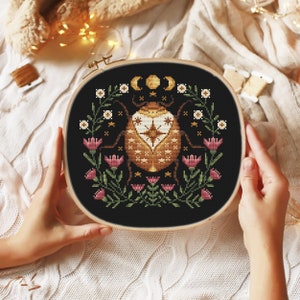 Bug flowers moon phase Boho cross stitch pattern Insects cross stitch Hand embroidery design Modern cross stitch Digital pdf file