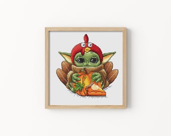 Baby allien thanksgiving day Fandom cross stitch pattern Holiday embroidery DIY Hand embroidery design Beginner needlepoint scheme