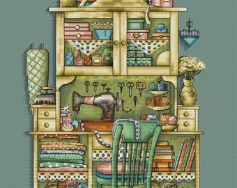 May include: A cross-stitch pattern of a sewing room with a wooden cabinet, a sewing machine, a chair, and various sewing supplies. The text "Группа "Мия" is at the top of the image.