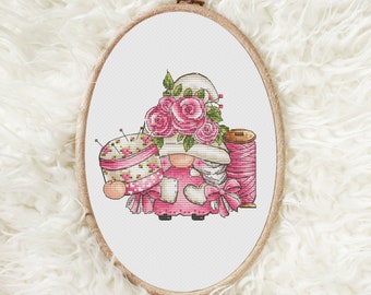 Gnome needleworker cross stitch pattern Gnome embroiderer cross stitch chart Counted cross stitch Cute cross stitch Funny cross stitch PDF