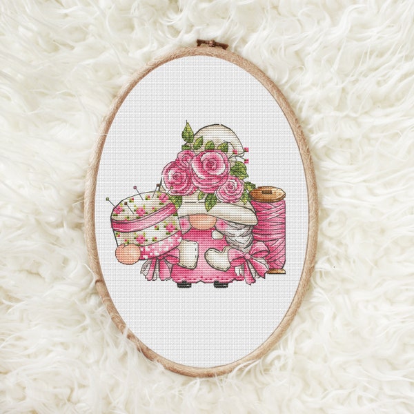 Gnome needleworker cross stitch pattern Gnome embroiderer cross stitch chart Counted cross stitch Cute cross stitch Funny cross stitch PDF