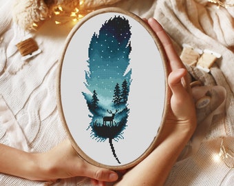 Paysage en plumes Modèle de point de croix facile Modèle de broderie pour débutant Motif de broderie à la main Décoration murale de chambre Fichier numérique pdf