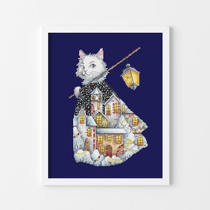 Modèle de point de croix PDF - Chat d'hiver avec lanterne et cape du village enneigé, scène de nuit de Noël - Téléchargement immédiat