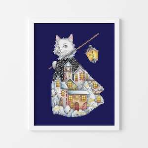 Cozy cat claus Christmas cross stitch pattern Holiday embroidery design Kids room decor Beginner needlepoint scheme Digital pdf file