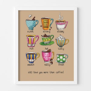 Coffee cups sampler Cross stitch pattern Holiday embroidery design Beginner needlepoint scheme Kitchen wall cross stitch decor