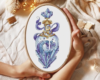 Crystal Potion Bottle Cross Stitch Pattern PDF – Fantasy Elixir, Blue Crystals & Magic Smoke | Witchcore Cottage Decor, Instant Download