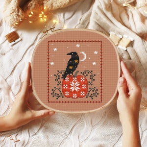 Raven on Pumpkin Cross Stitch Pattern PDF – Small Halloween Crow, Primitive Folk Art Autumn Decor, Instant Digital Download