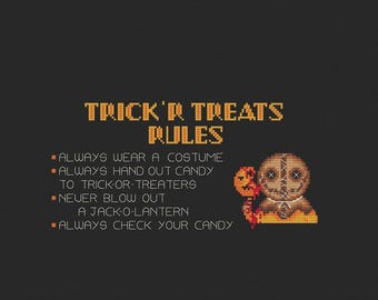 Halloween Rules Cross Stitch Pattern – Spooky Rules Sampler with Pumpkin Scarecrow & Lollipop, Horror Quote PDF, Dark Fall Decor