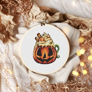 Pumpkin coffee cup Halloween cross stitch pattern Spooky cross stitch Funky cross stitch Scary cross stitch Hand embroidery design Pdf file