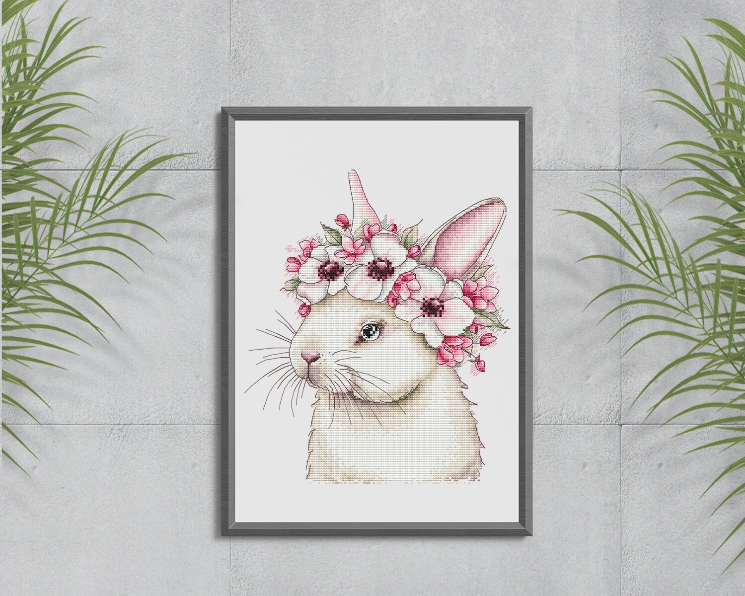 Bunny with flower wreath Watercolor cross stitch pattern Animal embroidery design Beginner needlepoint scheme Digital pdf file