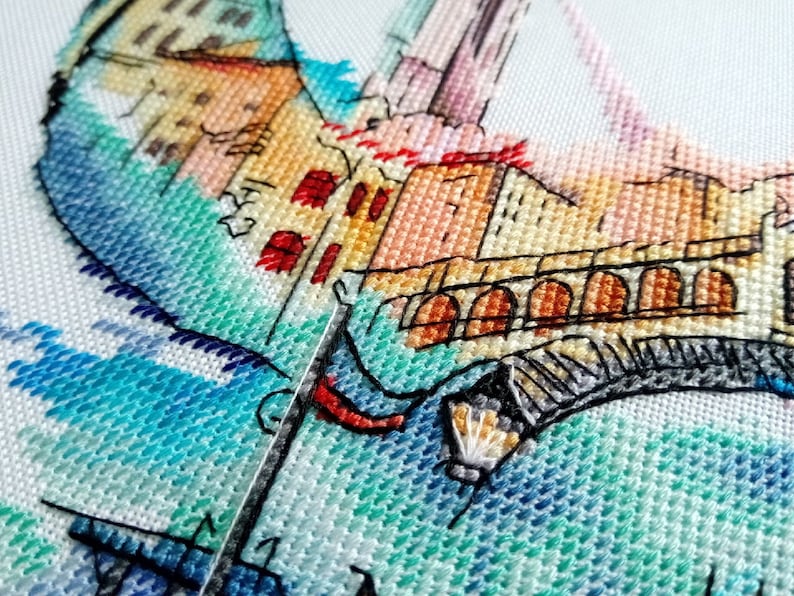 Venice gondola silhouette Watercolor cross stitch pattern Modern home wall cross stitch decor Hand embroidery design Digital pdf file