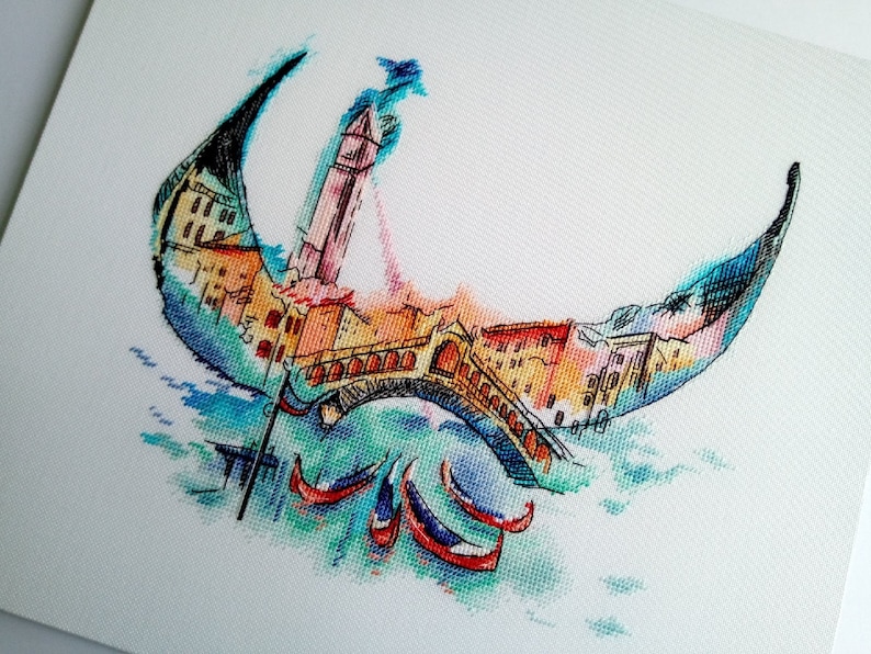 Venice gondola silhouette Watercolor cross stitch pattern Modern home wall cross stitch decor Hand embroidery design Digital pdf file