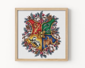 Emblem school of wizards Fandom cross stitch pattern Hand embroidery design Beginner needlepoint scheme Digital pdf file