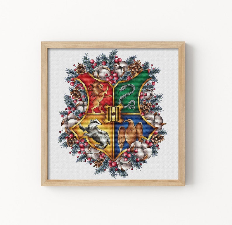 Emblem school of wizards Fandom cross stitch pattern Hand embroidery design Beginner needlepoint scheme Digital pdf file image 1