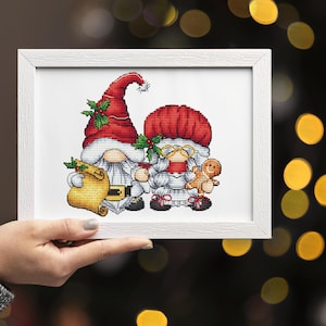 Christmas gnome family Funny cross stitch pattern Hand embroidery design Beginner needlepoint scheme Wedding cross stitch gift
