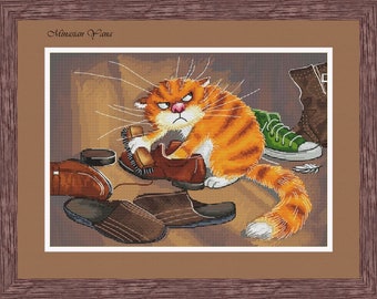 Cross Stitch Pattern PDF – Grumpy Orange Cat with Shoes, Funny Pet Lover Decor – Instant Download