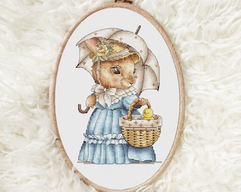 Victorian Bunny with Umbrella – Cross Stitch Pattern PDF • Easter Rabbit Counted Chart • Spring Nursery Decor • Instant Download
