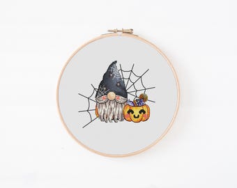 Halloween Gnome Cross Stitch Pattern PDF | Trick‑or‑Treat Pumpkin Bucket & Spider | Cute Spooky Fall Hoop Art | Instant Download