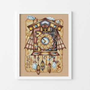 Steampunk cuckoo-clock Vintage cross stitch pattern Hand embroidery design Grandma cross stitch gift Beginner embroidery design