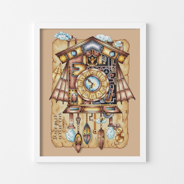 Steampunk cuckoo-clock Vintage cross stitch pattern Hand embroidery design Grandma cross stitch gift Beginner embroidery design