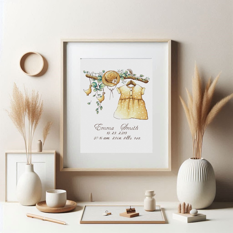 Peut inclure: Une impression d'art encadr&eacute;e pr&eacute;sentant une illustration &agrave; l'aquarelle d'une robe jaune, d'un chapeau de paille et de deux petits oiseaux suspendus &agrave; une branche. Sous l'illustration, le texte indique Emma Smith, 10.29.2019, 07:16 am.