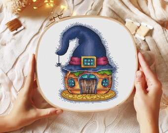Cross Stitch Pattern, Witch‑Hat Pumpkin House, Whimsical Witchy Home Pattern PDF