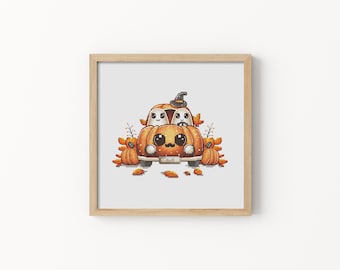 May include: Two white ghosts wearing witch hats are riding in a pumpkin car. The car is decorated with orange and brown leaves. The pumpkin car has a happy face.