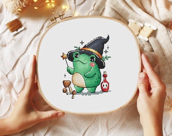 Frog witch cross stitch pattern Halloween cross stitch Funky cross stitch Modern cross stitch Toad cross stitch Cute cross stitch PDF File