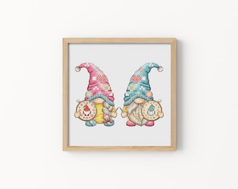 Cross Stitch Pattern – Gnome Couple with Embroidery Hoops, Patchwork Hats, Sewing Room Decor
