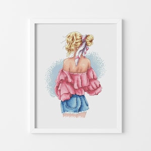 Girl in Pink Blouse Cross Stitch Pattern – Summer Fashion Back View, Denim Shorts & Hair Ribbon