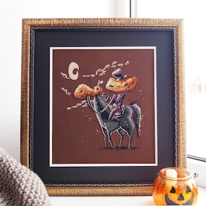 Horror pumpkin on gothic horse Halloween cross stitch pattern Home wall halloween cross stitch decor Hand embroidery design Digital pdf file