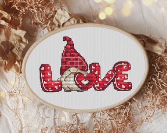 Cross Stitch Pattern – Valentine Gnome LOVE Letters, Heart Word Art, Cute Red Gnome, Small Quick Stitch PDF, Instant Download