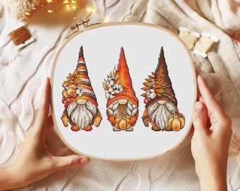 Three autumn gnomes Autumn cross stitch pattern Hand embroidery design Easy cross stitch pattern Beginner needlepoint scheme