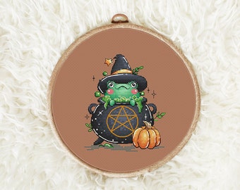 Halloween Witch Frog Cross Stitch Pattern PDF – Cute Kawaii Cauldron, Pumpkin & Pentagram Design, Spooky Frog Embroidery Instant Download