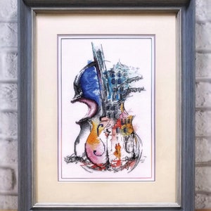 Violin Cross Stitch Pattern, Watercolor Cityscape Embroidery, Abstract Music Art PDF, Modern Home Decor, Instant Download DIY
