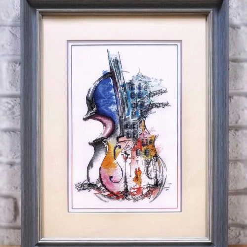 Violin Cross Stitch Pattern, Watercolor Cityscape Embroidery, Abstract Music Art PDF, Modern Home Decor, Instant Download DIY