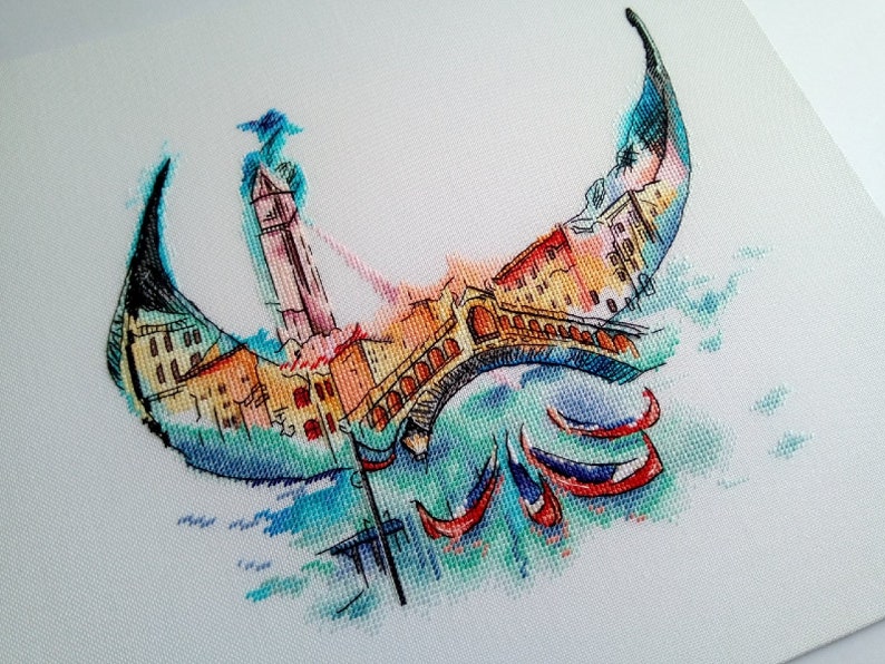 Venice gondola silhouette Watercolor cross stitch pattern Modern home wall cross stitch decor Hand embroidery design Digital pdf file