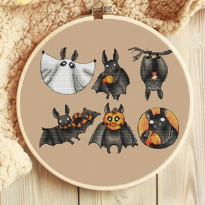 Bat pumpkin sampler Halloween cross stitch pattern Kids room cross stitch decor Funky cross stitch design Digital pdf file