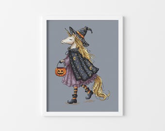 Witchy Unicorn - Cross Stitch Pattern, Halloween Xstitch Design, Holiday DIY Decor, Miyastitch