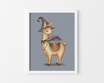 Witchy Llama - Cross Stitch Pattern, Funny Halloween Decor, Cozy Alpaca Cross Stitch, Miyastitch