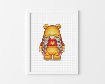 Gnome Bear - Cross Stitch Pattern, Yellow Bear Xstitch, Kids Room Decor, Holiday DIY Decoration, Miyastitch
