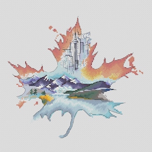 May include: A colorful cross-stitch design of a maple leaf with a cityscape and mountains inside. The cityscape features a tall building with a spire.