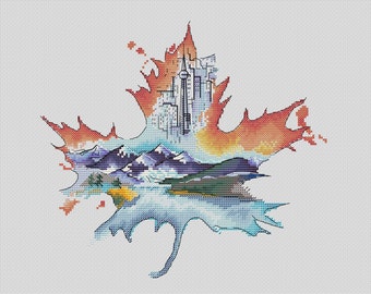 Canada landscape in maple leaf Watercolor cross stitch pattern Home wall cross stitch decor Hand embroidery design Digital pdf file