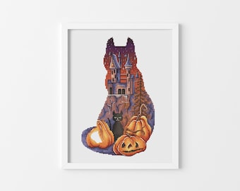 Halloween mystic castle Double exposure cross stitch pattern Cat silhouette cross stitch Pumpkins cross stitch Hand embroidery design PDF