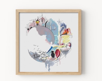Cross Stitch Pattern – City Moon, Book Stack & Cat, Watercolor Sketch PDF Download