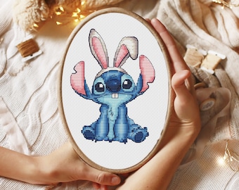 Easter Blue Alien Bunny Counted Cross Stitch Cartoon Cross Stitch Pattern Hand Embroidery Cute Embroidery Design Digital PDF File